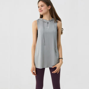 Andar Yoga Clothes Long Cover up Womens Modal Sleeveless T-shirt Casual Sports Running Fitness Clothes with Hat