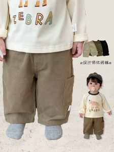 Korean Style Boys Spring Autumn Casual Work Pants Toddler Straight Leg Long Trousers Fashionable Elastic Waist Kids Clothes