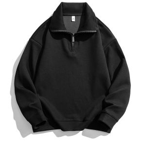 เสื้อฮู้ดมีซิปครึ่งตัวสีเทาหนาสำหรับผู้ชาย สไตล์อเมริกัน เสื้อเชิ้ตแขนยาวทรงหลวมสบาย ๆ สำหรับฤดูใบไม้ร่วงและฤดูหนาว