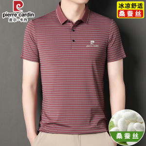Pierre Cardin Mulberry Silk Short Sleeve T-Shirt Men Stripes Lapel Polo Shirt Summer Ice Silk Cool High-End Seamless