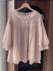 PAIBOLI | Retro Artistic Pink Doll Shirt Linen Womens Summer New Sweet Top Super Beautiful Casual Style Straight Tube Short Sleeve