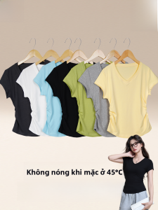 MiiOW | Áo thun nữ tay ngắn cổ chữ V màu trơn dáng ôm mùa hè 2025 Áo thun thường ngày cho nữ