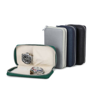 CONTACTS Handmade Genuine Leather 2 Slots Watch Case for Women Zipper Men Watch Storage Pouch Watch Collection Display Box Travel Watch Bags
