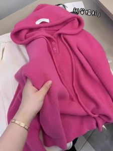 Recommended! European Style Thickened Warmth Cashmere Sweater Womens Winter Hat Design Long Sleeve Knitted Shirt Pink Color