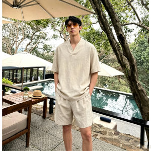 OUMULONG | Bộ Đồ Linen Dành Cho Mùa Hè Bao Gồm Áo Thun V-neck và Quần Short