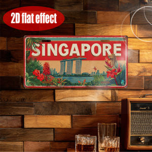 2D Flat 1pc Vintage Metal License Plate only for decoration Car License Plate Cover Singapore Skyline and Floral Sign