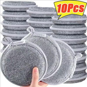 10 ชิ้น ฟองน้ำล้างจานในครัว / ฟองน้ำทำความสะอาดลวดเงินสองด้าน / แผ่นขัดทรงกลม / ผ้าเช็ดทำความสะอาดหม้อกระทะในครัว