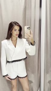 MUJER Lace Short Blazers for Womens Suit Summer Blazer Set 2 Piece Woman Shoulder Pad Womens Tailoring Blazers Bermuda Shorts