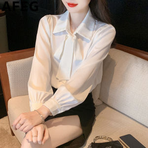 AFEG solid color Korean version lapel bow fashion loose temperament satin long sleeved blouse for women