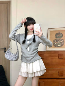 Color Block Long Sleeve Womens T-Shirt Slim Fit Short Style Butterfly Knot Shoulder Top Comfortable Cotton Blend Korean Style