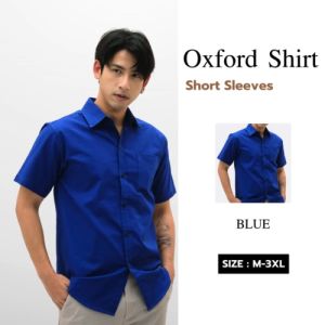 THE ROOMS - เดอะรูม เสื้อเชิ้ต คอปก สีน้ำเงิน Oxford แขนสั้น รีดง่าย ใส่สบาย