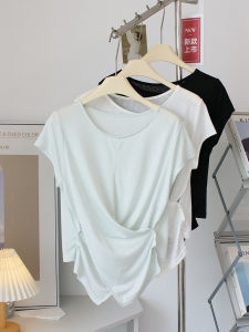 Lace round Neck Short Sleeve Ice Silk Thin Cross Design Waist Cinched Top Women Summer Fashionable T-Shirt Korean Style Slim Fit