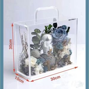 Acrylic Rose Flower Box with Drawstring Cover Transparent Money Tree Ornamental Gift DIY Eternal Rose Flower Display Piece