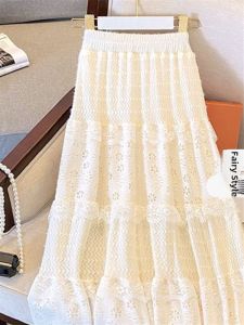 French Style Spring Summer Lace Gentle High Waist Splice Slimming Midi Skirt Hollow out Cake New Design A-Line Skirt
