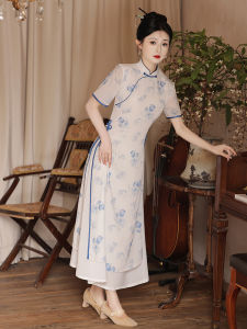 Oudai Qipao 2025 New Summer Blue And White Porcelain Tea Costume Womens Art of Tea Clothing Daily Wear National Style Dress