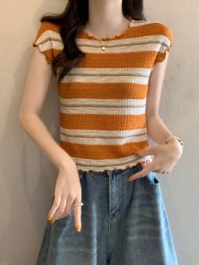 Short Sleeve Striped Icy Silk Plus Size Slimming T-Shirt