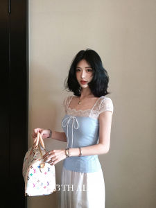 Charming Light Blue Lace Trim Square Neck Slimming Short Tee