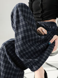 Retro Plaid Wide Leg Pants Womens Spring Autumn Loose Elastic Waist Drawstring Drapey Slim Straight Small Size Casual Loose Wide Leg Pants