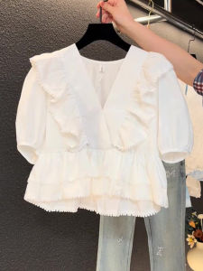 SHUAIYUE | Áo Nữ Vintage Dây Ruffle Cổ V Tay Ngắn