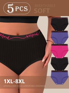 5pcs Pack Plus Size Underwear Oversized WomenS Panties Mid-Rise with Letter Waistband & Vertical Stripes Comfortable Fit -