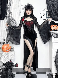 Gothic Spider Web Spliced Long Sleeve Halloween Costume Womens Dress Two-Piece Set Dark Theme Cosplay Clothing for Adults