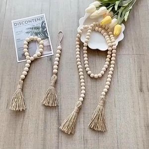 Wooden Bead Garland With Tassels And Diy Tag Farmhouse Handmade Wood Beads Neutral Farmhouse Vintage Home Country Hanging Decor
