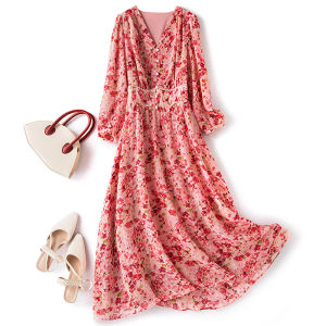 XMO | French Floral Long Sleeve Dress Mid-length Slimming V-neck Flared Summer Elegance