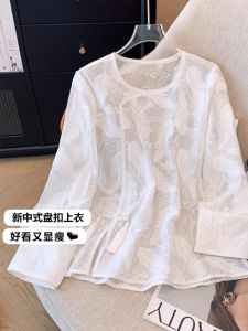 New Chinese Style Heavy Embroidery Chiffon Shirt Women Summer Thin Large Size Fat MM Slimming Outerwear Sun Protection Top
