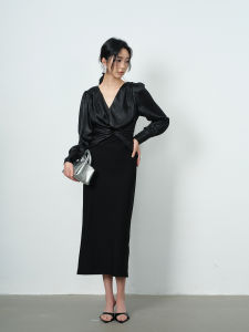 ชุดเดรสผ้าซาตินมีกลิ่นหอมลายมิเกลเนื้อหนาเอวเข้ารูปเข้ารูปสำหรับฤดูใบไม้ผลิและฤดูใบไม้ร่วง