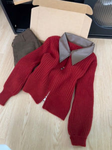 QINGNAER | Retro Patchwork Lapel Ribbed Double Zipper Sweater