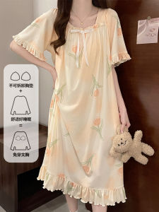 Princess Style Short Sleeve Sleepwear Womens Ice Silk Lace Trim Home Clothes with Chest Pad Sweet Style Summer New Arrival
