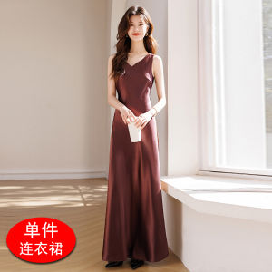 Elegant Long A-Line Dress V-Neck Sleeveless Acetate Satin Wrap Waist Summer New Style Womens Fashion Goddess Elegant Dress