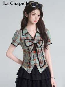 La Chapelle | French Style Bow Checker Short Sleeve Summer Lace Edge Waist-Tightening Shirt
