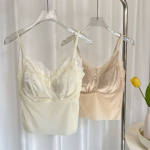 2025 New Style French Lace Edge V-Neck Ice Silk Strap Vest Womens Underwear Summer Base Layer Beautiful Back with Chest Pad