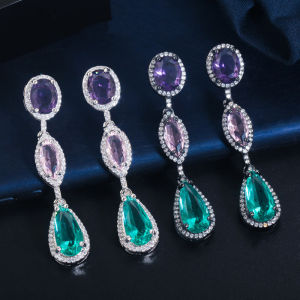 Sequito phụ nữ thanh lịch trang phục đồ trang sức bạc vàng đen màu Pave thiết lập màu tím màu xanh lá cây màu hồng AAA đá thời trang Bông tai Thả Dài món quà kỳ nghỉ se798