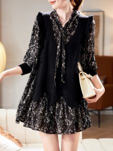 Printed Long Sleeve Midi Dress Fake Two-Piece Polyester Fiber Loose Waist Commuter Style A-Line Skirt V-Neck Chinese Production