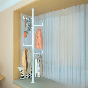 Floor Standing Clothes Drying Rack Bedroom Indoor No Drilling Adjustable Rod Home Balcony Laundry Hanging Storage Rack