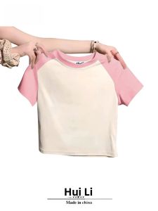 HuiLi American Short Sleeve T-Shirt Pure Cotton Slim Fit Short Style round Neck Spring Summer Autumn Shoulder Insertion Shirt