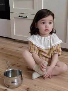 2024 Summer New Arrival Korean Style Baby Jumpsuit Outwear K-style Baby Girl Fashionable Plaid Lapel Onesie