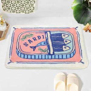 VIKAMA Sardine Can Bath Rug Vintage Fish Doormat Pink Blue Cream Illustration Non Slip Absorbent Soft Bathroom Kitchen Decor Mat
