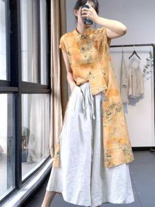 Womens Summer Sleeveless Printed Casual Shirt Cotton Linen New Chinese Style Front Short Back Long Asymmetrical Hemline