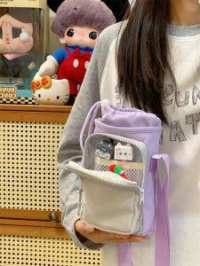 Color Block Student Water Cup Bag Casual Outdoor Mobile Phone Bag Drawstring High Aesthetic Durable Crossbody Womens Single Shoulder Bag