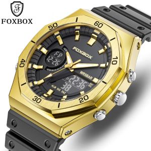 LIGE FOXBOX Luxury men watches Original Big Sports Fashion Gold Quartz 50M Waterproof Dual Display Clock watch for men + Box