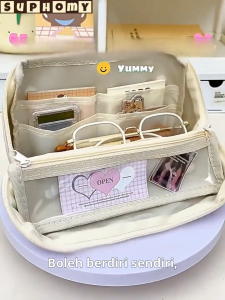 Large Capacity Pencil Case Stationery Box Multi-Compartment Pencil Box wide opening Pencel Case with Transparent Front Pocket Detachable KOTAK PENSEL