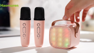 เครื่องคาราโอเกะขนาดเล็ก Haomuren สำหรับเด็ก ผู้ใหญ่ ลำโพงบลูทูธพกพาพร้อมไมโครโฟนไร้สาย 2 ตัว สำหรับเด็กผู้หญิง ของขวัญวันเกิด K12