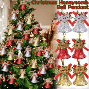 4Pcs Christmas Jingle Bells with Bows / Xmas Tree Bow Bells Hanging Pendant Ornaments / DIY Golden Bells / for Home Christmas New Year Party Decoration