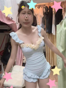 Sweet Style Blue One Piece Swimsuit Womens Slim Fit Beach Vacation Fashion Ruffle Hem Bicolor Backless Bodycon Swimsuit