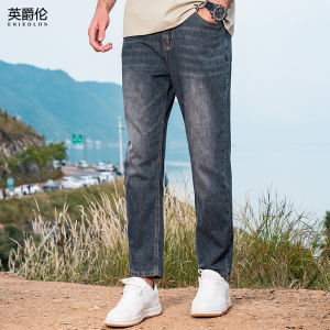 Enjeolon Mens Summer Slim Fit Straight Leg Jeans Lightweight Cool Feeling Lyocell Denim mid Waist Zipper Closure Fashion Urban Style