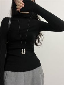 Black High Collar Slim Fit Knitted Top Womens Autumn Winter New Style Korean System Sweater Base Shirt Inner Wear Peixu