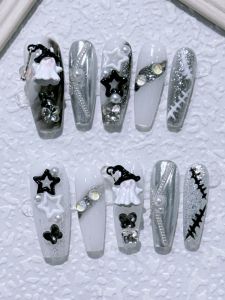 Handmade Halloween Long Wearable Fake Nails Silver Mirror Ghost Design Detachable Cute Funny White Enhancing Nail Stickers